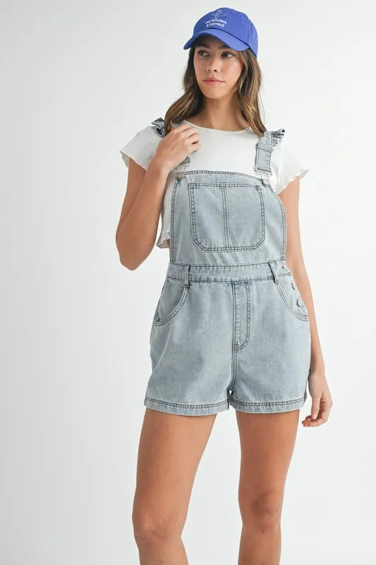 MABLE Square Neck Ruffle Shoulder Denim Overall Romper Lt Denim / S Lt Denim / M Lt Denim / L Lt Denim / S-Lt Denim / M-Lt Denim / L-