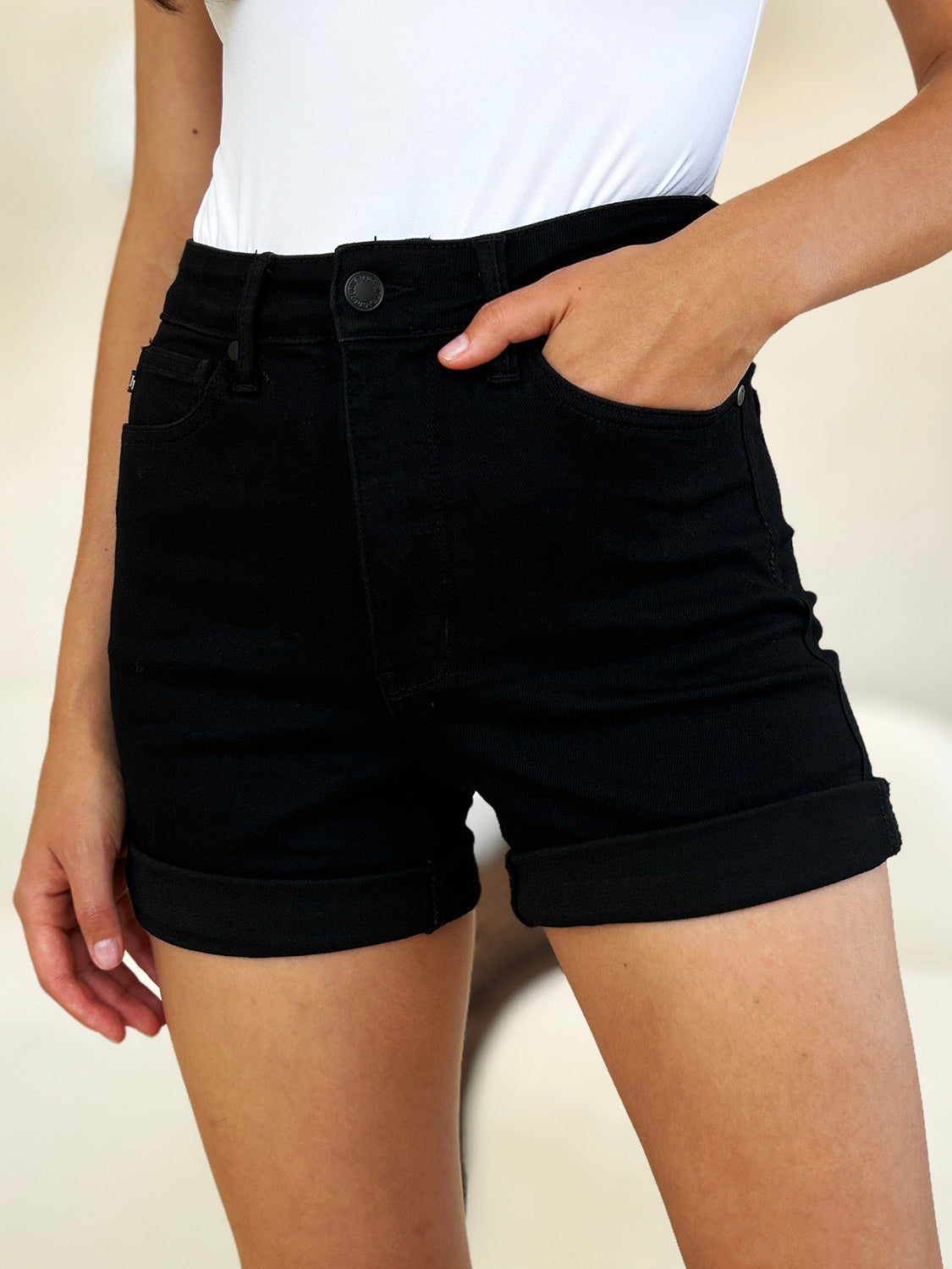 Judy Blue Full Size High Waist Tummy Control Cuffed Denim Shorts Black / S Black / M