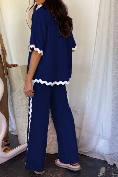 Contrast Trim Half Sleeve Top and Pants Set Dark Blue / S Dark Blue / M Dark Blue / L Dark Blue / S-Dark Blue / M-Dark Blue / L-Dark Blue / XL-