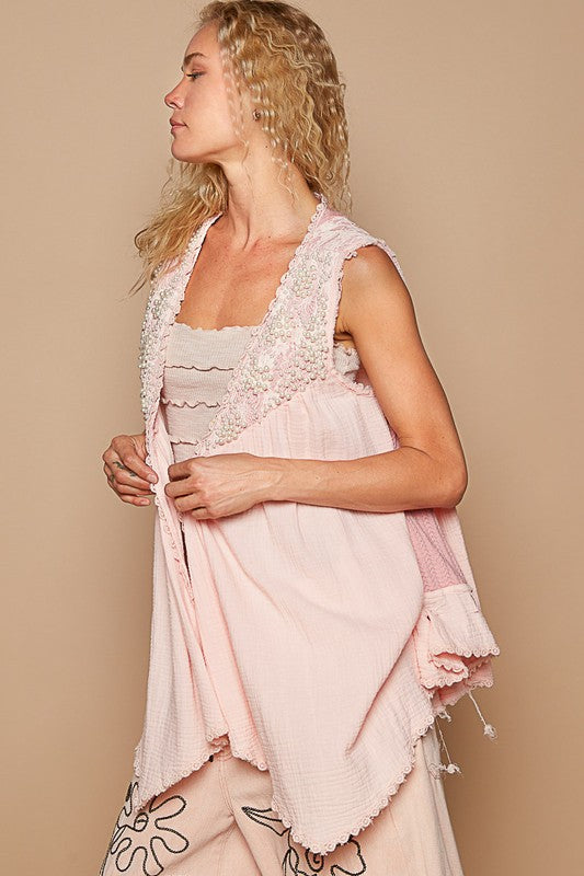 POL Embroidered Pearls Open Front Sleeveless Cardigan Apricot / S Apricot / M Apricot / L Apricot / S-Apricot / M-Apricot / L-