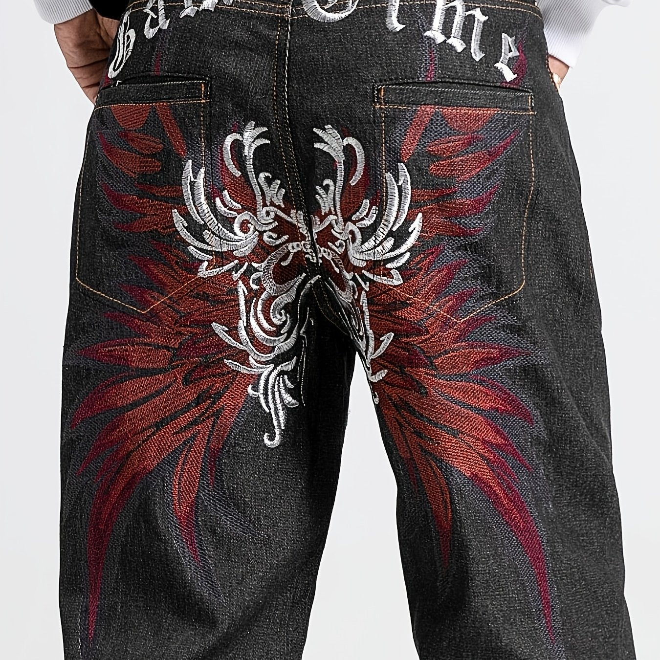 Men's Embroidered Straight-Leg Jeans - Rayon Blend, Non-Stretch Denim 30 / Black 32 / Black 34 / Black 30 / Black-32 / Black-34 / Black-36 / Black-38 / Black-40 / Black-42 / Black-