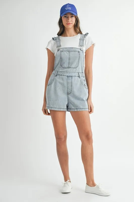 MABLE Square Neck Ruffle Shoulder Denim Overall Romper Lt Denim / S Lt Denim / M Lt Denim / L Lt Denim / S-Lt Denim / M-Lt Denim / L-