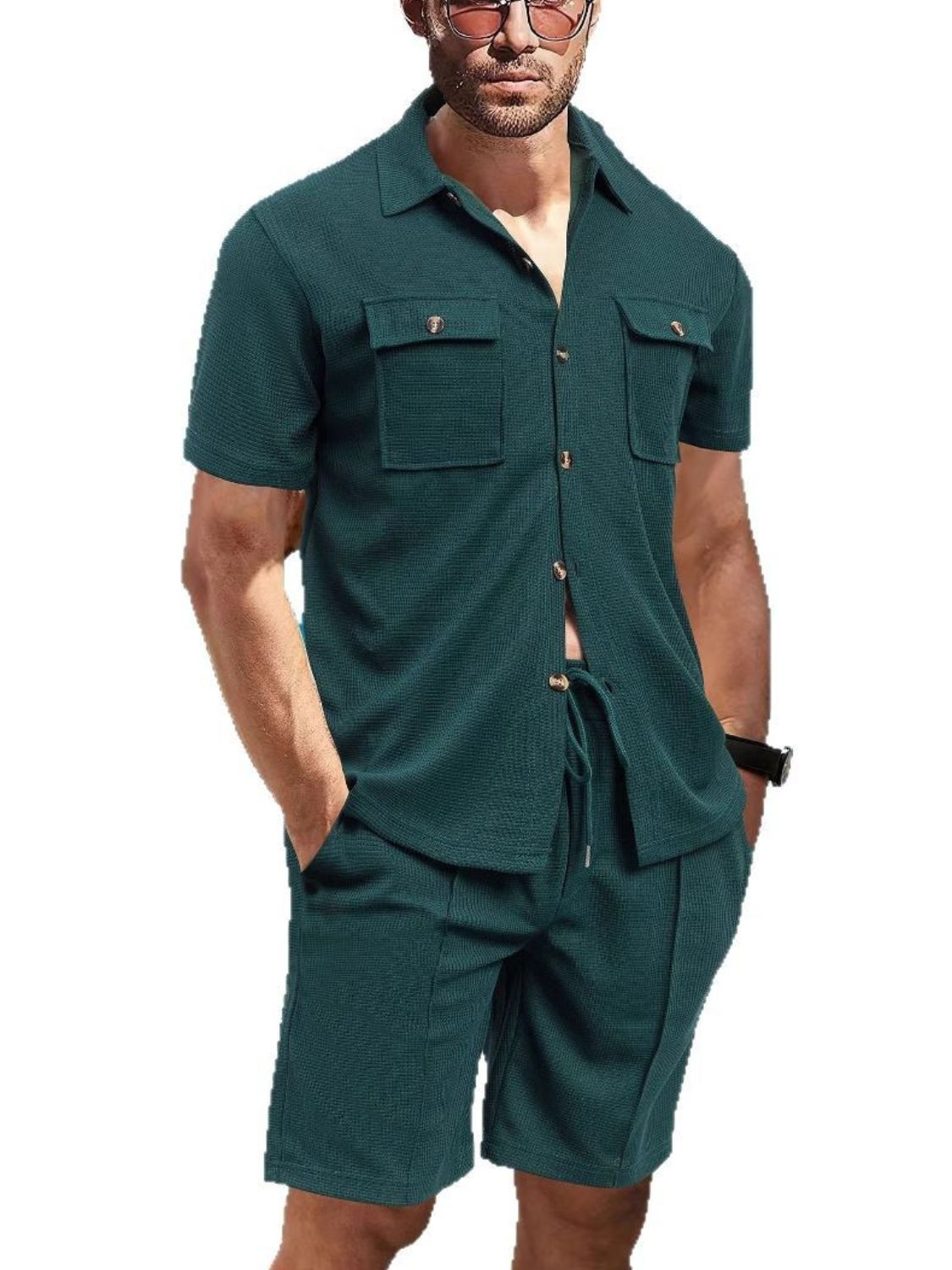 Men's Full Size Button Down Short Sleeve Top and Shorts Set Plus Size