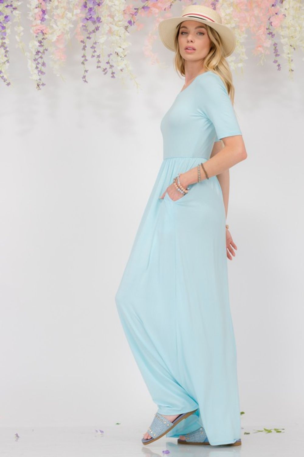 Celeste Full Size Round Neck Short Sleeve Maxi Dress with Pockets Plus Size AZURE / S AZURE / M AZURE / L AZURE / S-AZURE / M-AZURE / L-AZURE / XL-AZURE / 1XL-AZURE / 2XL-AZURE / 3XL-