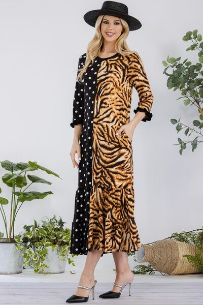 Celeste Full Size Polka Dot & Leopard Round Neck Midi Dress Plus Size Black Leopard Polka / 1XL Black Leopard Polka / 2XL Black Leopard Polka / 3XL Black Leopard Polka / 1XL-Black Leopard Polka / 2XL-Black Leopard Polka / 3XL-Black Leopard Polka / S-Black Leopard Polka / M-Black Leopard Polka / L-Black Leopard Polka / XL-