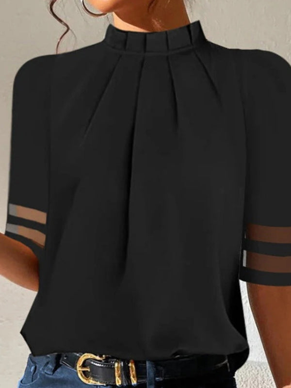 Trendy Pleated See-Through Split Joint T-Shirt with Stand Collar BLACK / S BLACK / M BLACK / L BLACK / S-BLACK / M-BLACK / L-BLACK / XL-BLACK / 2XL-