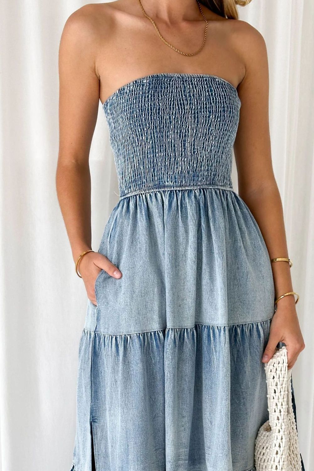 Smocked Tube Slit Tiered Denim Dress Light Blue / S Light Blue / M Light Blue / L Light Blue / S-Light Blue / M-Light Blue / L-Light Blue / XL-