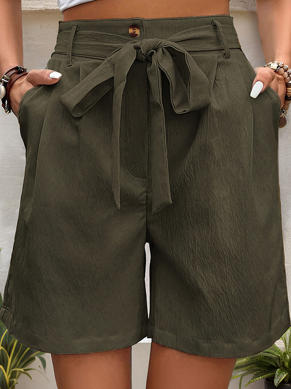 Chic High-Waisted Pleated Shorts with Tied Waist & Pockets ARMY GREEN