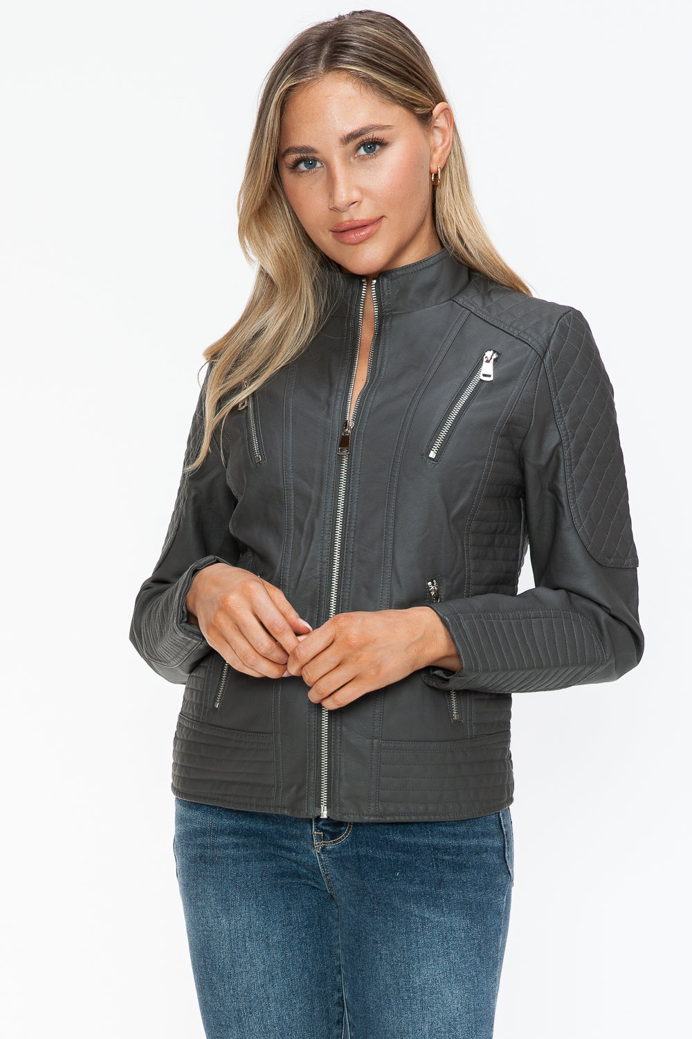 Snobbish Faux Leather Zip Up Mock Neck Jacket Charcoal / S Charcoal / M