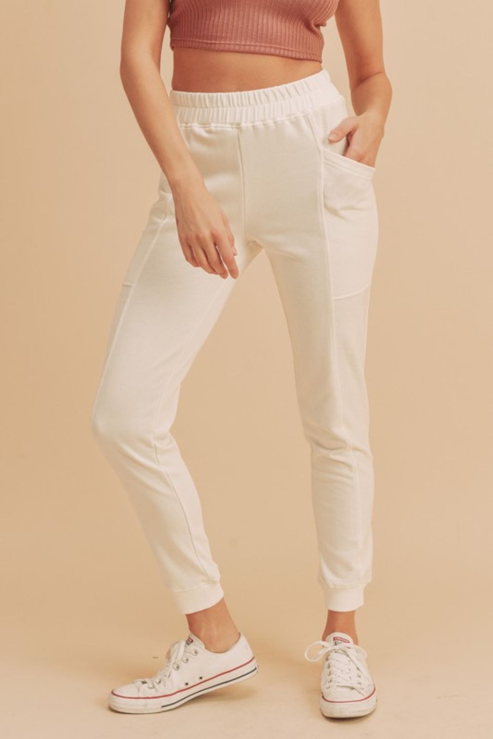 Aemi + Co Elastic Waist Joggers with Pockets White / S White / M White / L White / S-White / M-White / L-