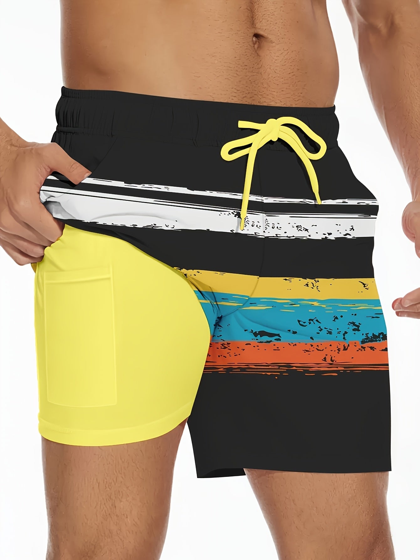 Men's Quick-Dry Swim Trunk with Compression Liner - Vibrant Yellow & Black Striped Beach Board Shorts, Regular Fit for Swimming, Surfing & Summer