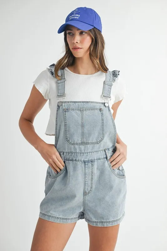 MABLE Square Neck Ruffle Shoulder Denim Overall Romper Lt Denim / S Lt Denim / M Lt Denim / L Lt Denim / S-Lt Denim / M-Lt Denim / L-