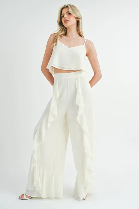 MABLE Crop Cami and Ruffled Wide Leg Pants Set Cream / S Cream / L Cream / M Cream / S-Cream / L-Cream / M-
