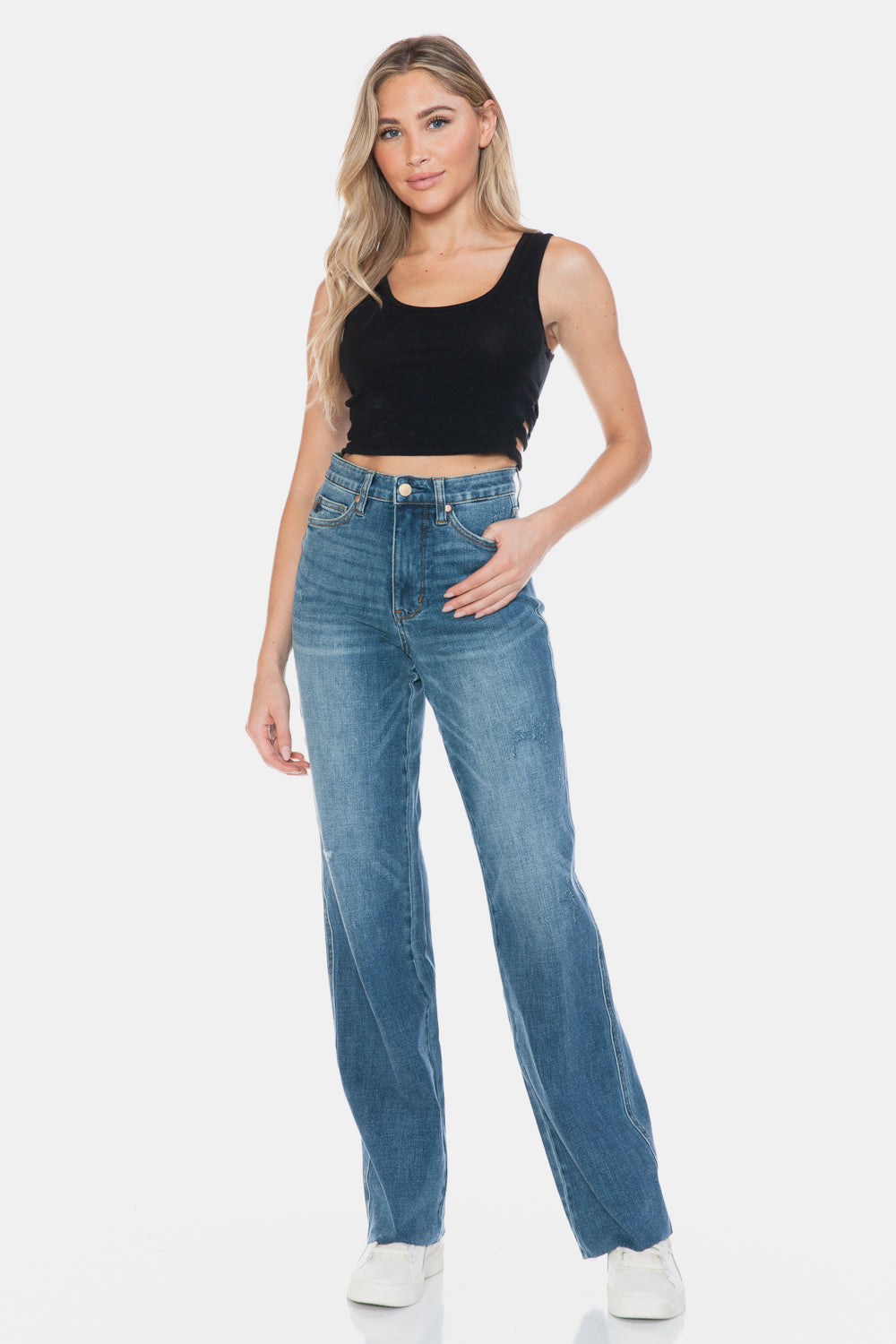 Judy Blue Full Size Tummy Control Cut Raw Hem Straight Jeans Medium / 0/24 Medium / 1/25