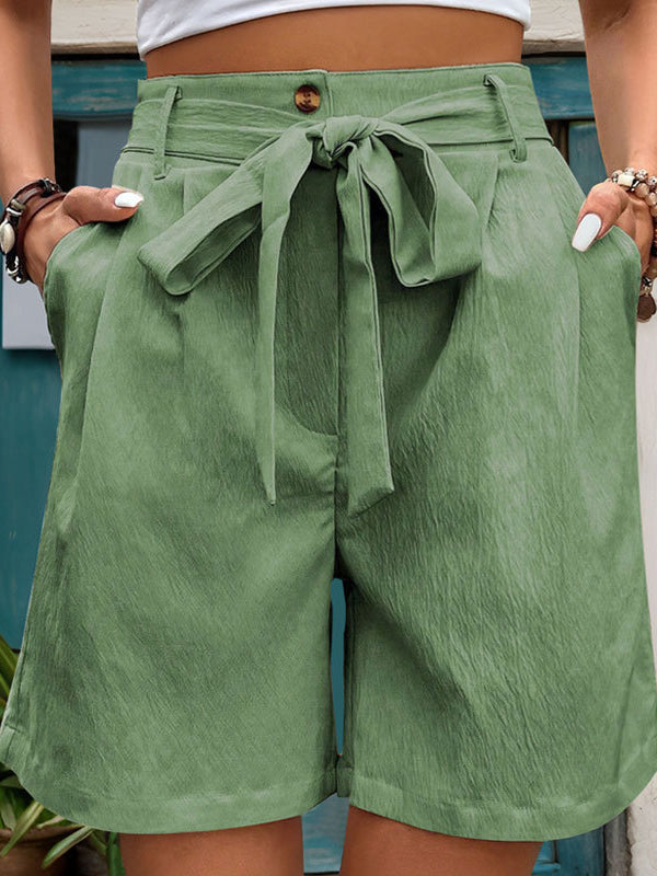 Chic High-Waisted Pleated Shorts with Tied Waist & Pockets GREEN
