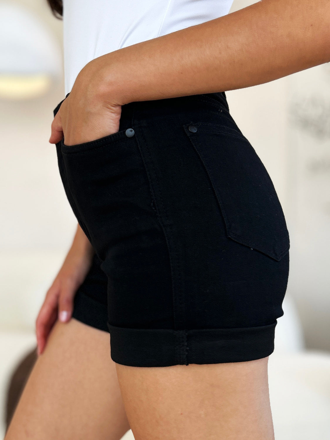 Judy Blue Full Size High Waist Tummy Control Cuffed Denim Shorts Black / S Black / M
