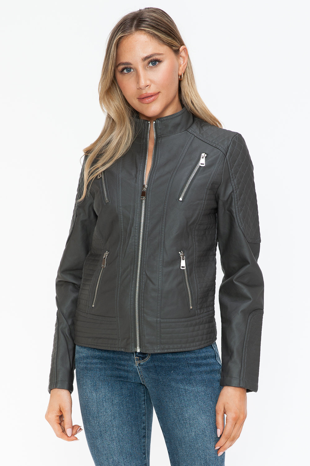 Snobbish Faux Leather Zip Up Mock Neck Jacket Charcoal / S Charcoal / M