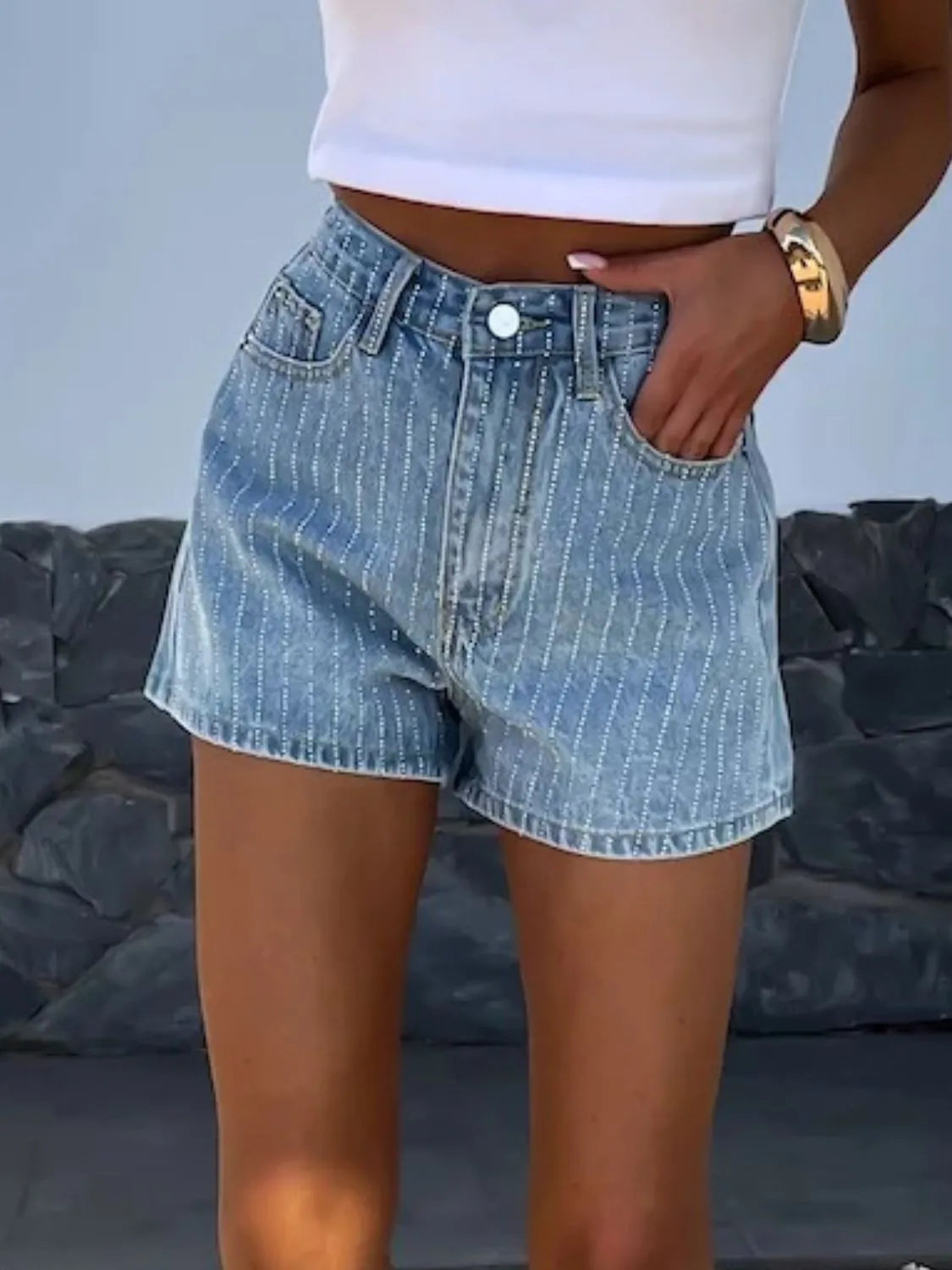 Rhinestone High Rise Denim Shorts