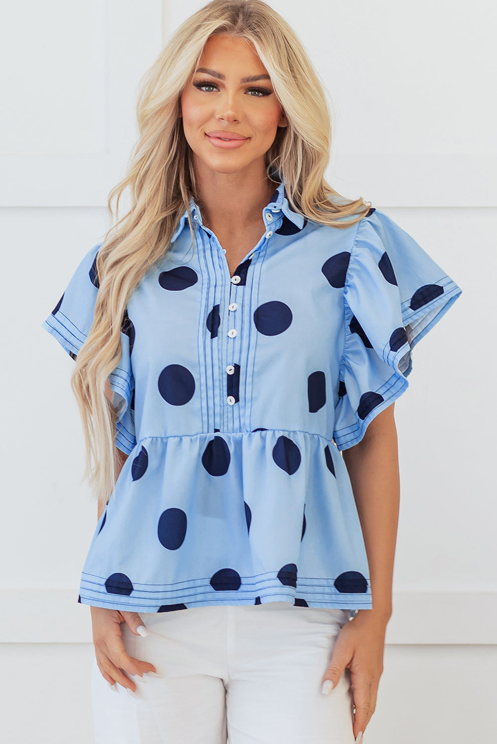 Chic Polka Dot Ruffled Button-Up Blouse with Short Sleeves