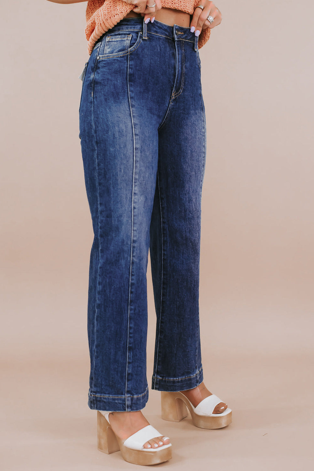 Navy Blue Plus Size Seamed Wide Leg High Waist Jeans Navy Blue / 1X Navy Blue / 2X