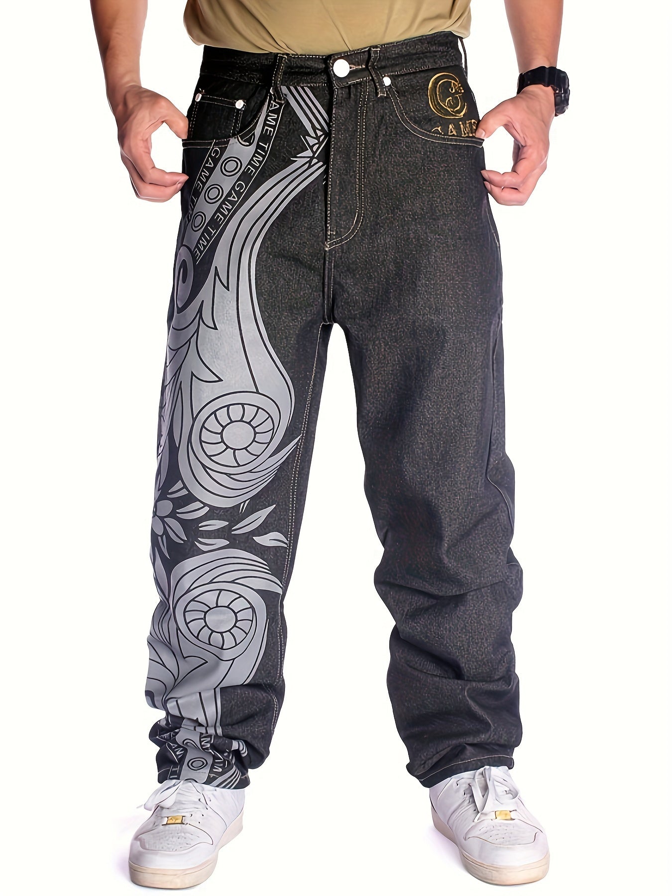 Men's Casual Jeans, Original Color Jeans, Hip-hop Loose Print Embroidered Denim Pants Black / 30 Black / 32 Black / 34 Black / 30-Black / 32-Black / 34-Black / 36-Black / 38-Black / 40-Black / 42-