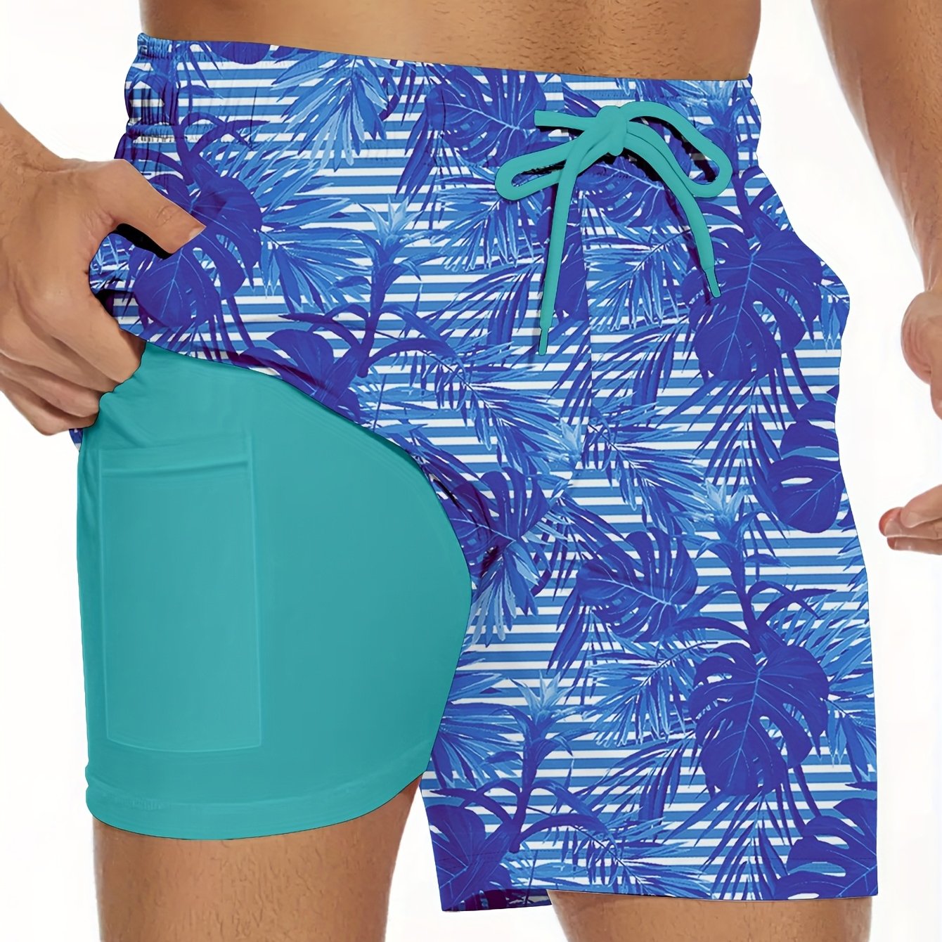 Men's Tropical Print Swim Trunks | Quick-Dry Polyester & Spandex Blend | Adjustable Drawstring Waistband | Built-In Compression Liner | Side Pockets with Drain Holes | Ideal for Beach and Water Sports, Water Sports Apparel |