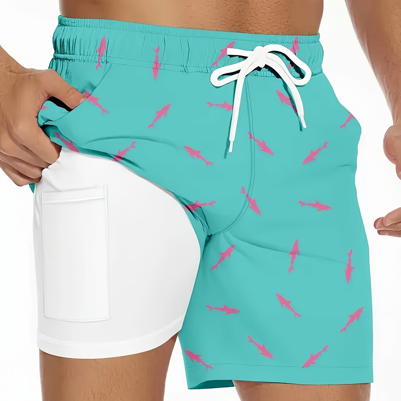 Lightweight Breathable Swim Trunks with Compression Lining, Quick-Dry Fabric, Adjustable Drawstring Waist, Tropical Fish Print in Navy Blue