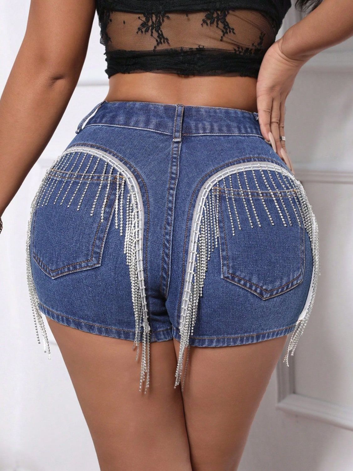 Fringe Back Denim Shorts with Pockets Medium / S Medium / M Medium / L Medium / S-Medium / M-Medium / L-Medium / XL-