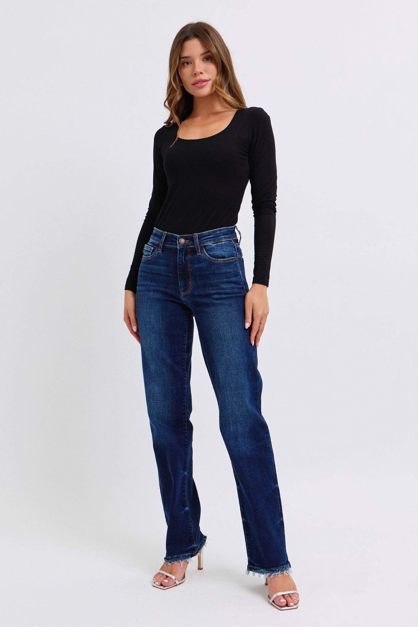 Judy Blue Full Size Raw Hem Straight Leg Jeans Dark / 0(24) Dark / 1(25)