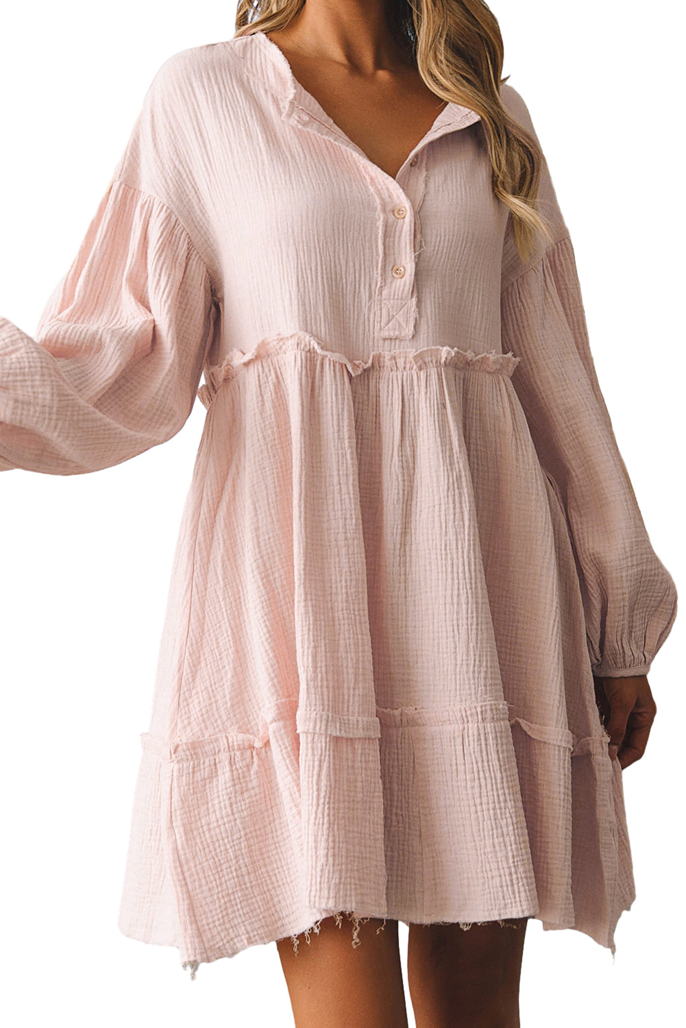 Oatmeal Crinkle Distressed Puff Sleeve Flared Dress Oatmeal / S / 100%Cotton Oatmeal / M / 100%Cotton