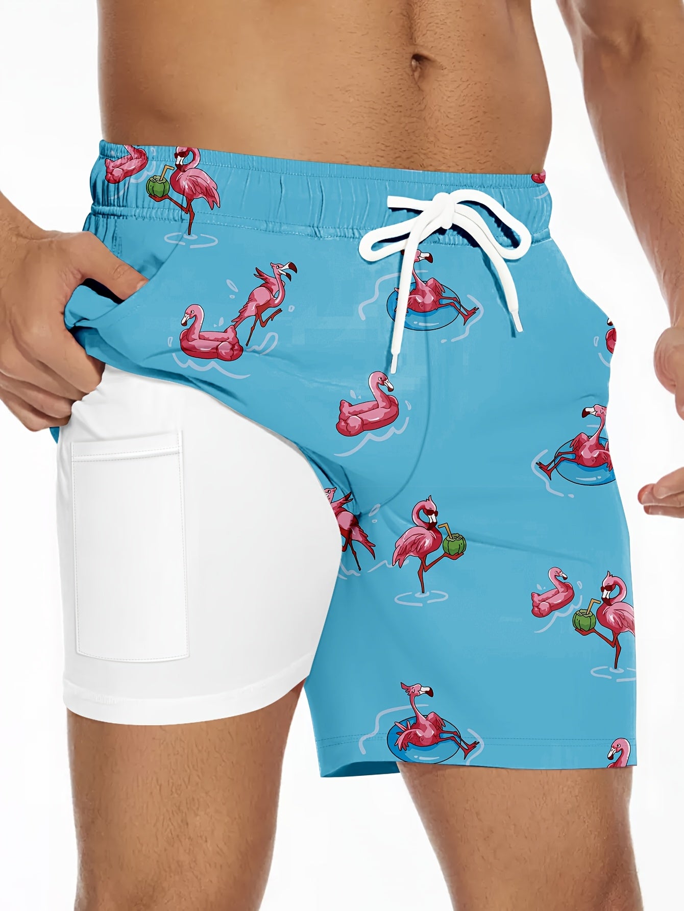 Men'S Summer Double-Layer Anti-Glare Beach Shorts, Casual Non-Stretch Fabric, Regular Fit with Flamingo Print