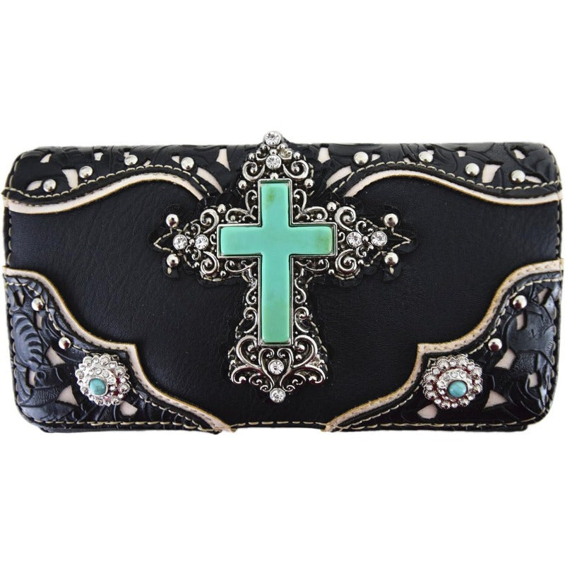 1pc Western Style Faux Leather Handbag with Rhinestone Cross and Conchos, Studded Shoulder Bag with Trifold Wallet Set Beige #2 Black Set Coffee Set Beige #2-Black Set-Coffee Set-Turquoise Set-