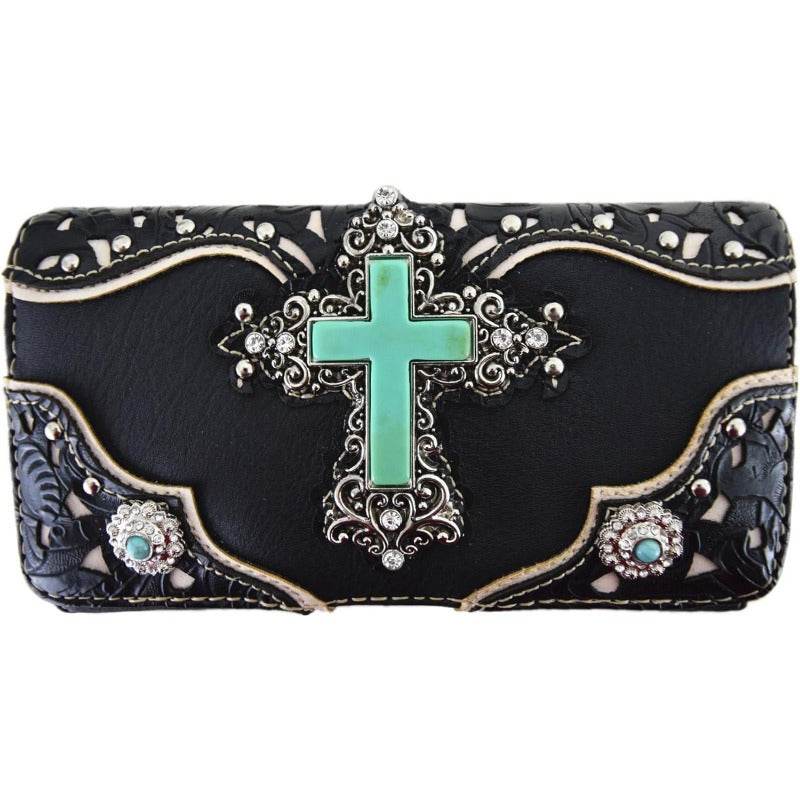 1pc Western Style Faux Leather Handbag with Rhinestone Cross and Conchos, Studded Shoulder Bag with Trifold Wallet Set - Fashionqueene.com