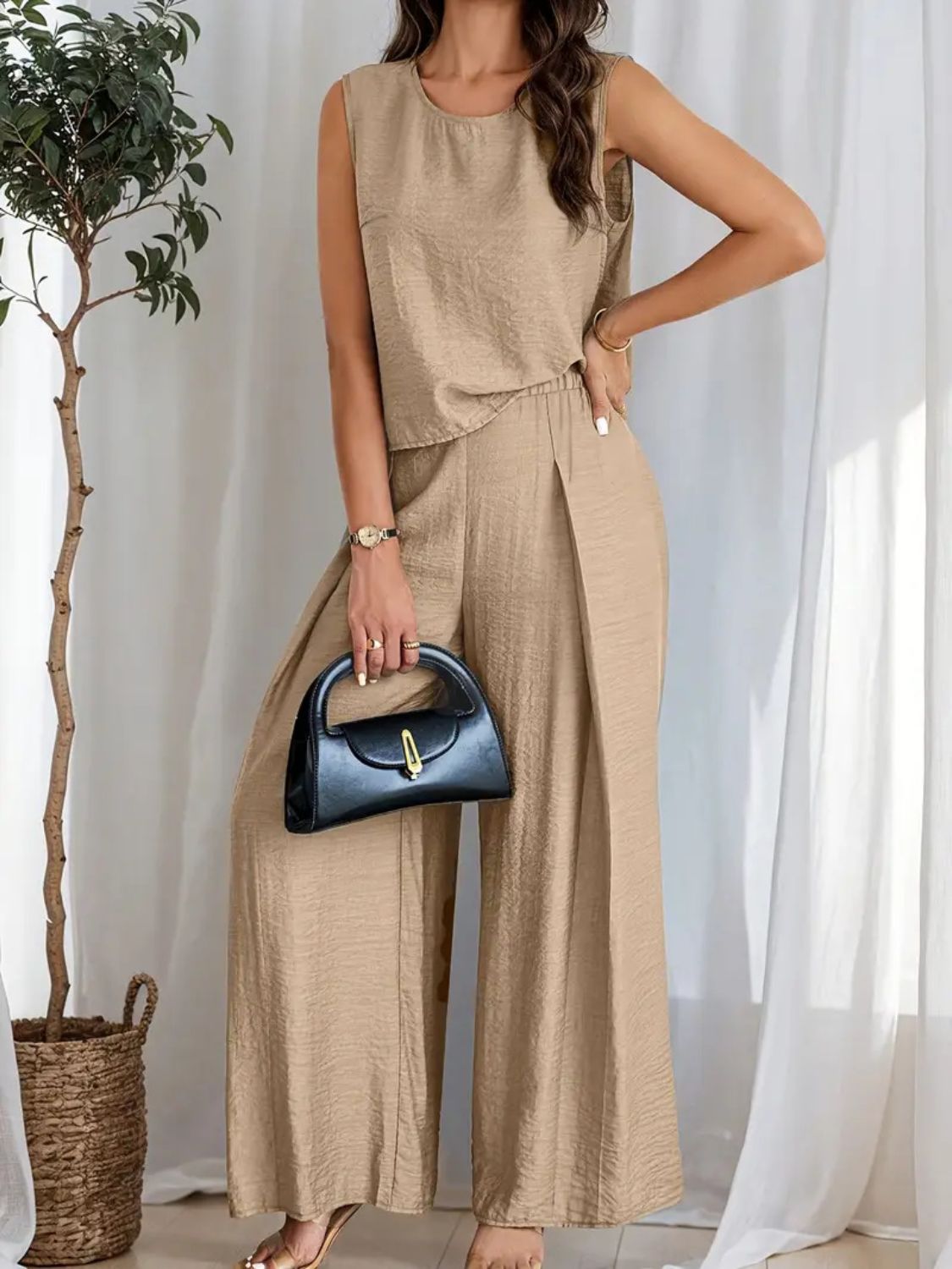 Round Neck Sleeveless Top and Wide Leg Pants Set Tan / 2XL Dusty Blue / S Dusty Blue / M Tan / 2XL-Dusty Blue / S-Dusty Blue / M-Dusty Blue / L-Dusty Blue / XL-Dusty Blue / 2XL-Black / S-Black / M-Black / L-Air Force Blue / S-Black / XL-Black / 2XL-Moonlit Mauve / S-Air Force Blue / M-Moonlit Mauve / M-Moonlit Mauve / L-Moonlit Mauve / XL-Moonlit Mauve / 2XL-Air Force Blue / L-Air Force Blue / XL-Air Force Blue / 2XL-Tan / S-Tan / M-Tan / L-Tan / XL-
