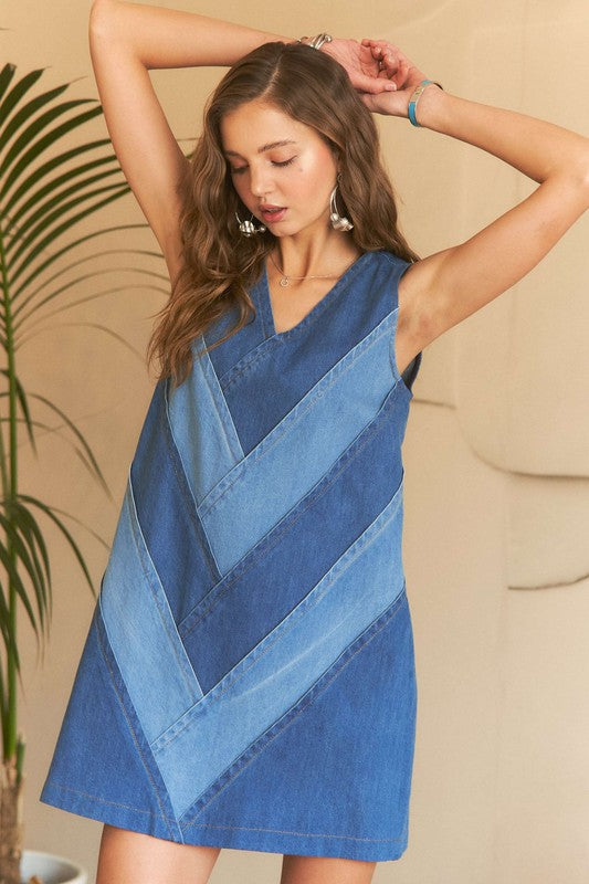 ADORA Chevron Color Block V-Neck Denim Dress Denim / S Denim / M Denim / L Denim / S-Denim / M-Denim / L-