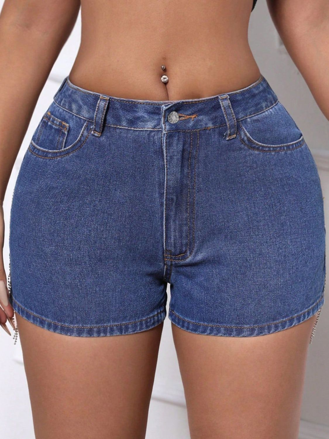 Fringe Back Denim Shorts with Pockets Medium / S Medium / M Medium / L Medium / S-Medium / M-Medium / L-Medium / XL-
