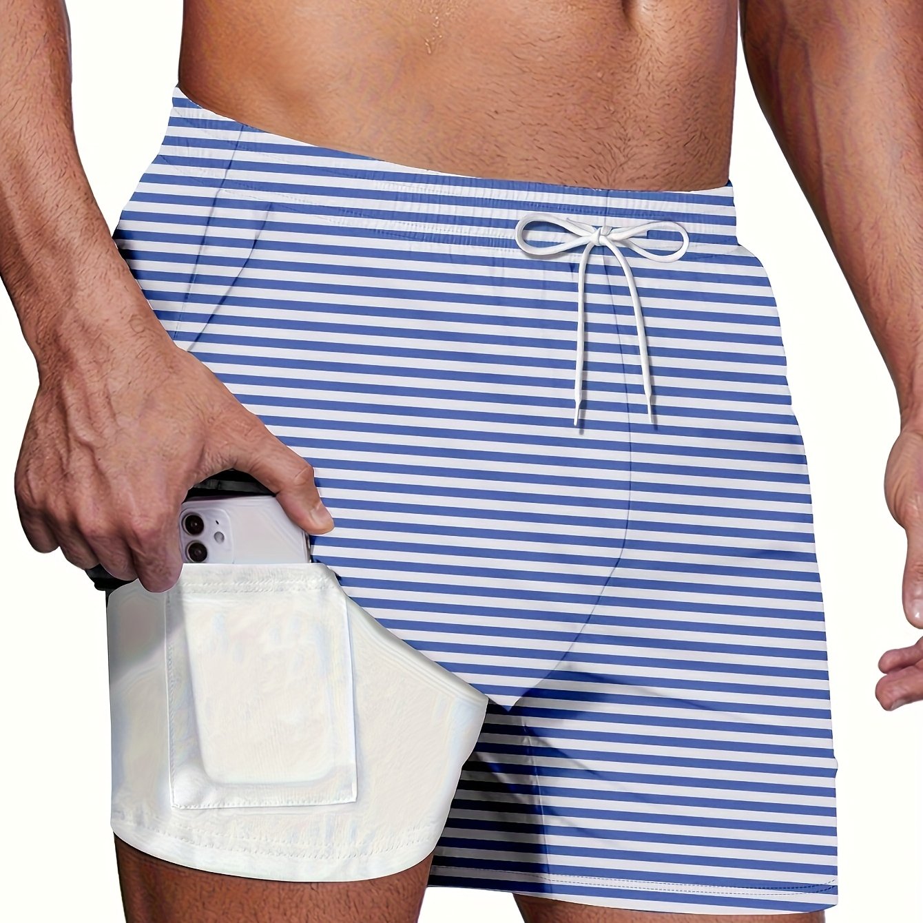 Men's Quick-Dry Swim Trunk with Compression Liner - Vibrant Yellow & Black Striped Beach Board Shorts, Regular Fit for Swimming, Surfing & Summer