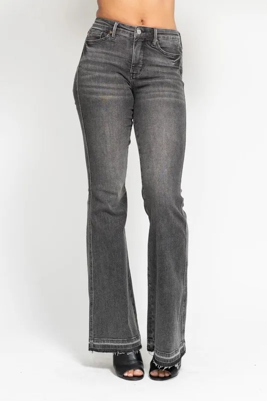Judy Blue Full Size Midi Rise Tummy Control Washed Gray Release Hem Flare Jeans Plus Size GRY / 11(30) GRY / 5(27) GRY / 0(24) GRY / 11(30)-GRY / 5(27)-GRY / 0(24)-GRY / 1(25)-GRY / 3(26)-GRY / 7(28)-GRY / 9(29)-GRY / 13(31)-GRY / 15(32)-GRY / 14W-GRY / 16W-GRY / 18W-GRY / 20W-GRY / 22W-GRY / 24W-