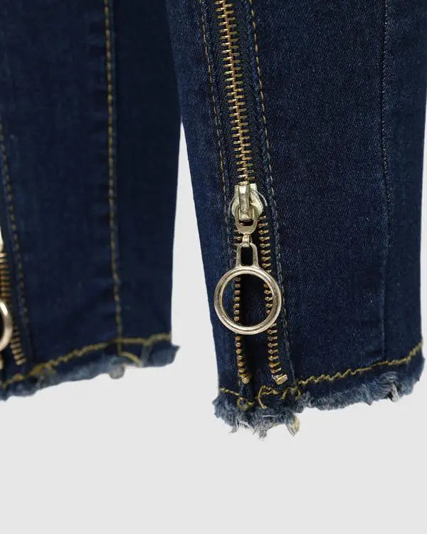Edgy Elegance: O-Ring Zipper Decor Skinny Jeans for a Chic Look dark blue / L(8-10) dark blue / M(6)