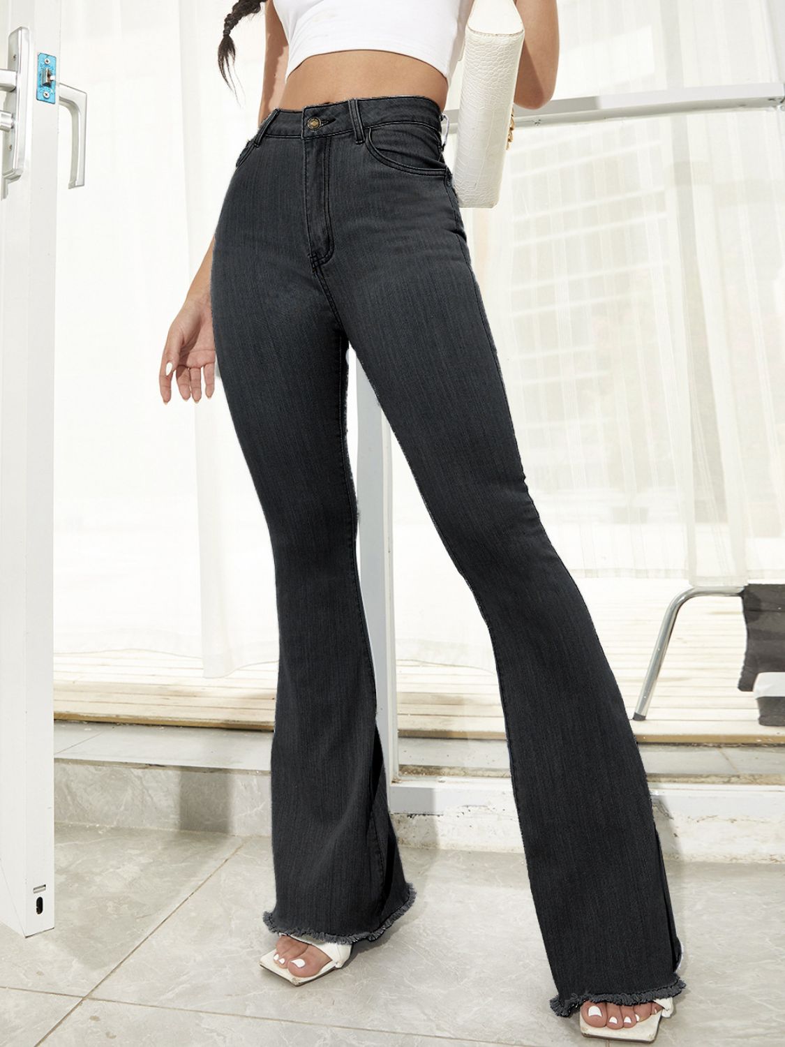 Raw Hem High Waist Flare Jeans Black / XS Black / S Black / M Black / XS-Black / S-Black / M-Black / L-