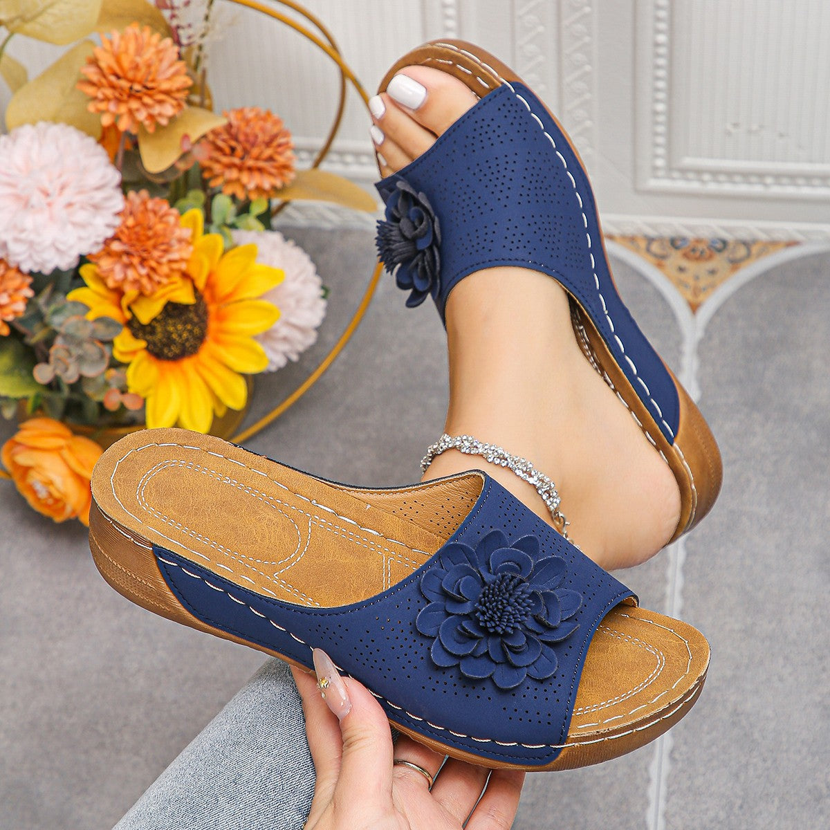Flower Peep Toe Wedge Sandals Peacock Blue