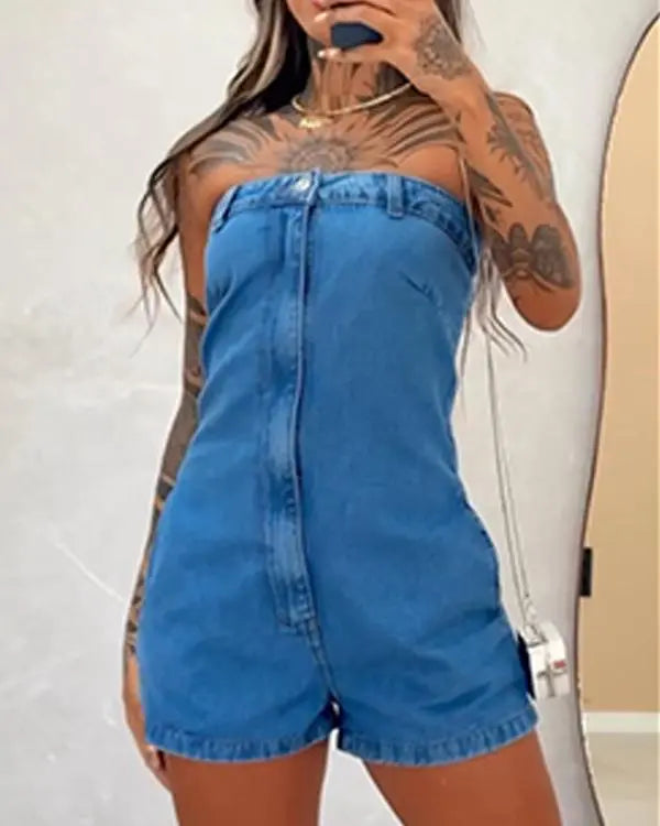 Chic Bandeau Sleeveless Button-Design Jean Romper - Effortless Casual Slim-Fit Style blue / S(4) blue / M(6) blue / L(8-10) blue / S(4)-blue / M(6)-blue / L(8-10)-blue / XL(12)-