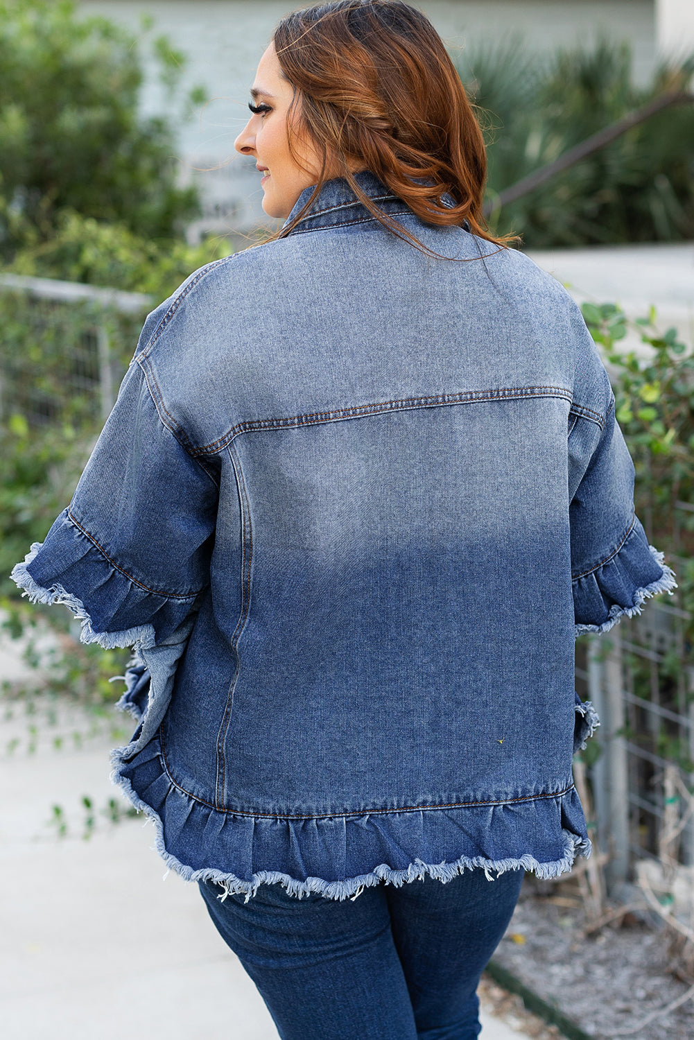 Peacock Blue Ruffled Frayed Short Sleeve Plus Size Denim Jacket Peacock Blue / 1X Peacock Blue / 2X