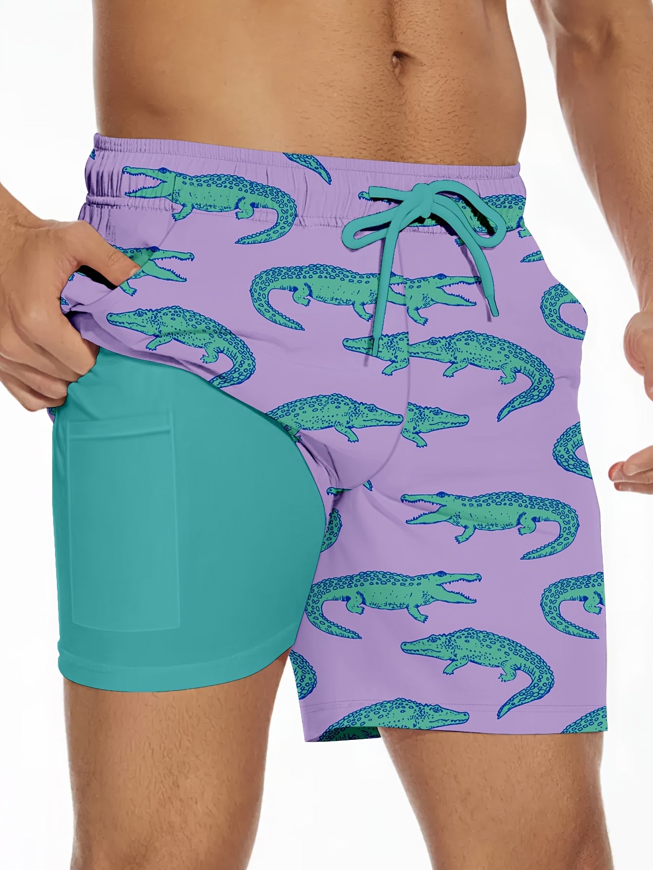 Men'S Summer Double-Layer Anti-Glare Beach Shorts, Casual Non-Stretch Fabric, Regular Fit with Flamingo Print