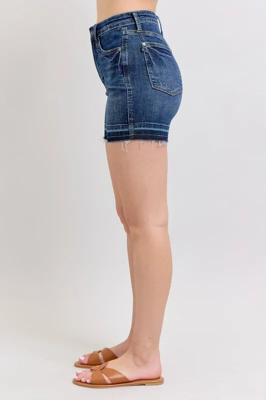 Judy Blue High Waist Tummy Control Destroy Release Hem Denim Shorts DK / S DK / L DK / M DK / S-DK / L-DK / M-DK / 1XL-DK / 3XL-DK / 2XL-