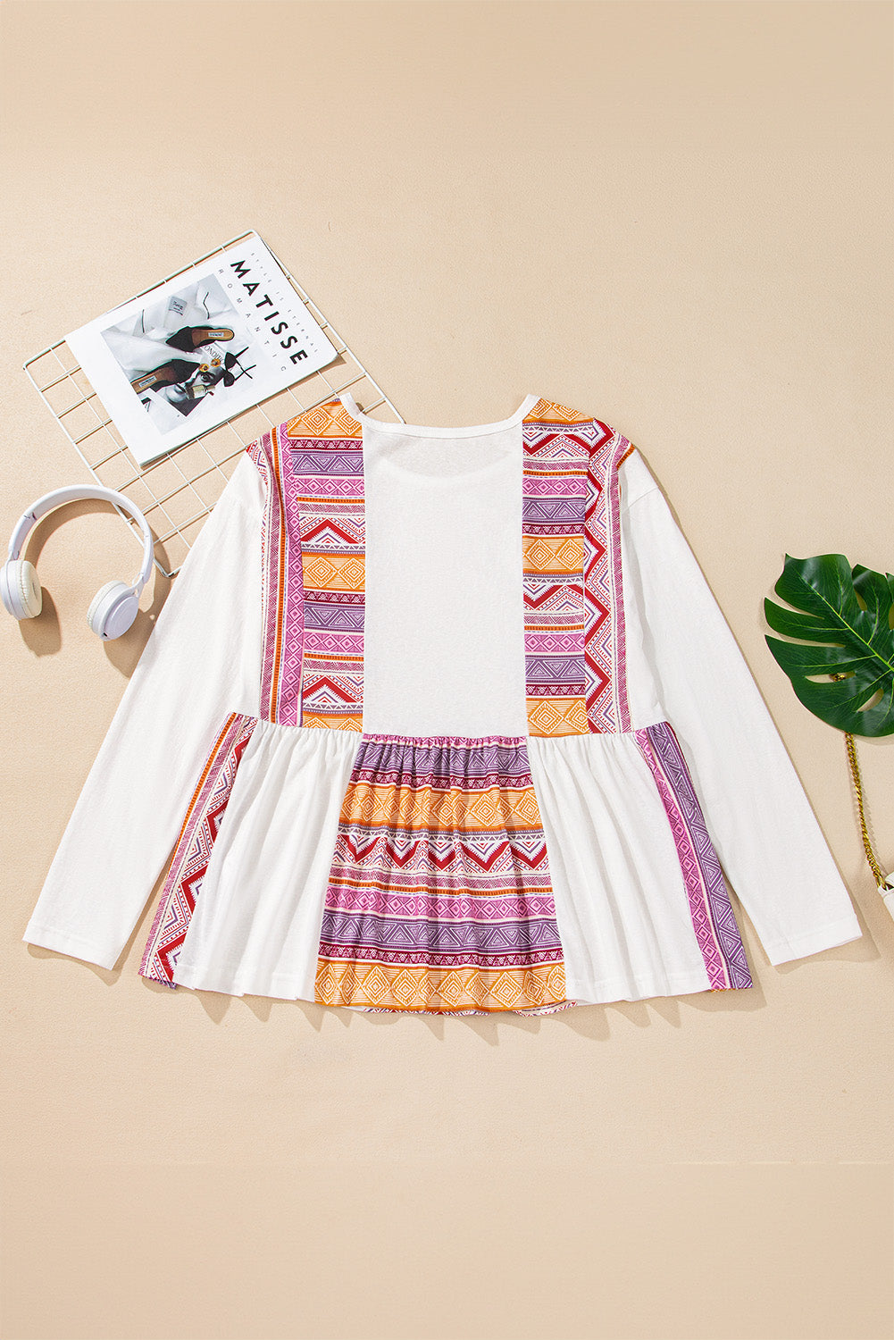 White Western Aztec Print Patchwork Ruffled Tunic Long Sleeve Babydoll Top White / S / 65%Cotton+35%Polyester White / M / 65%Cotton+35%Polyester