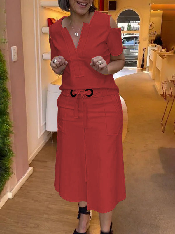 Chic Cold Shoulder Blouse: Stylish Loose-Fit Short Sleeve Top in Solid Colors RED / S RED / M RED / L RED / S-RED / M-RED / L-RED / XL-RED / 2XL-KHAKI / S-KHAKI / M-KHAKI / L-KHAKI / XL-KHAKI / 2XL-YELLOW / S-YELLOW / XL-YELLOW / 2XL-