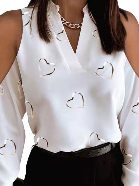 Chic & Comfy Plus-Size Heart Print Blouse with V-Neck & Long Sleeves WHITE / S WHITE / M WHITE / L WHITE / S-WHITE / M-WHITE / L-WHITE / XL-WHITE / 2XL-WHITE / 3XL-