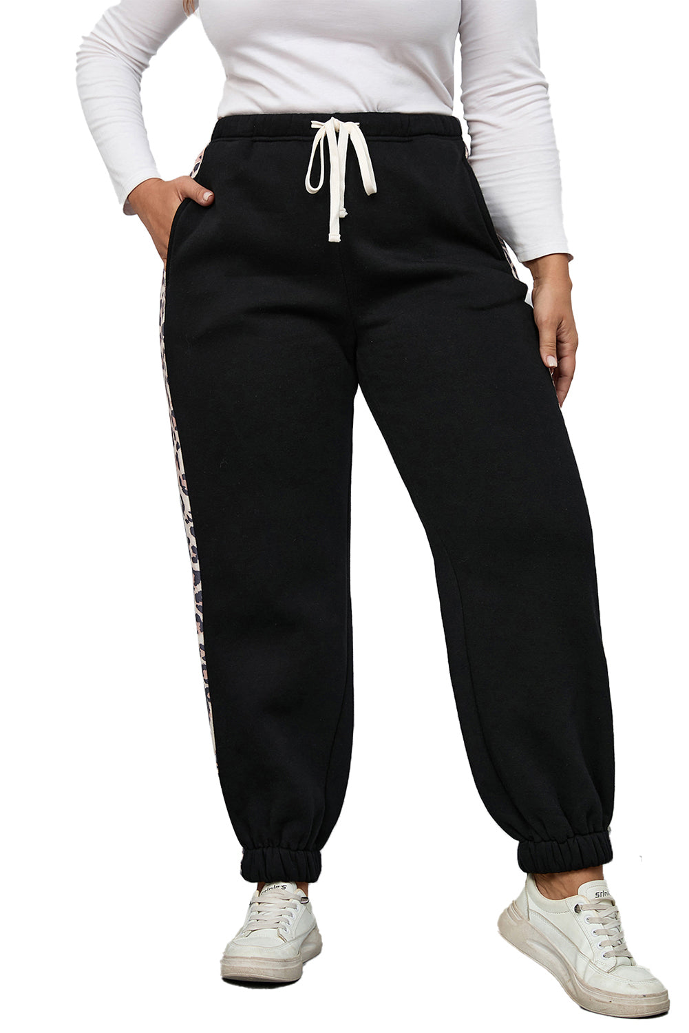 Black Plus Size Contrast Leopard Side Panel Joggers Black / 1X Black / 2X