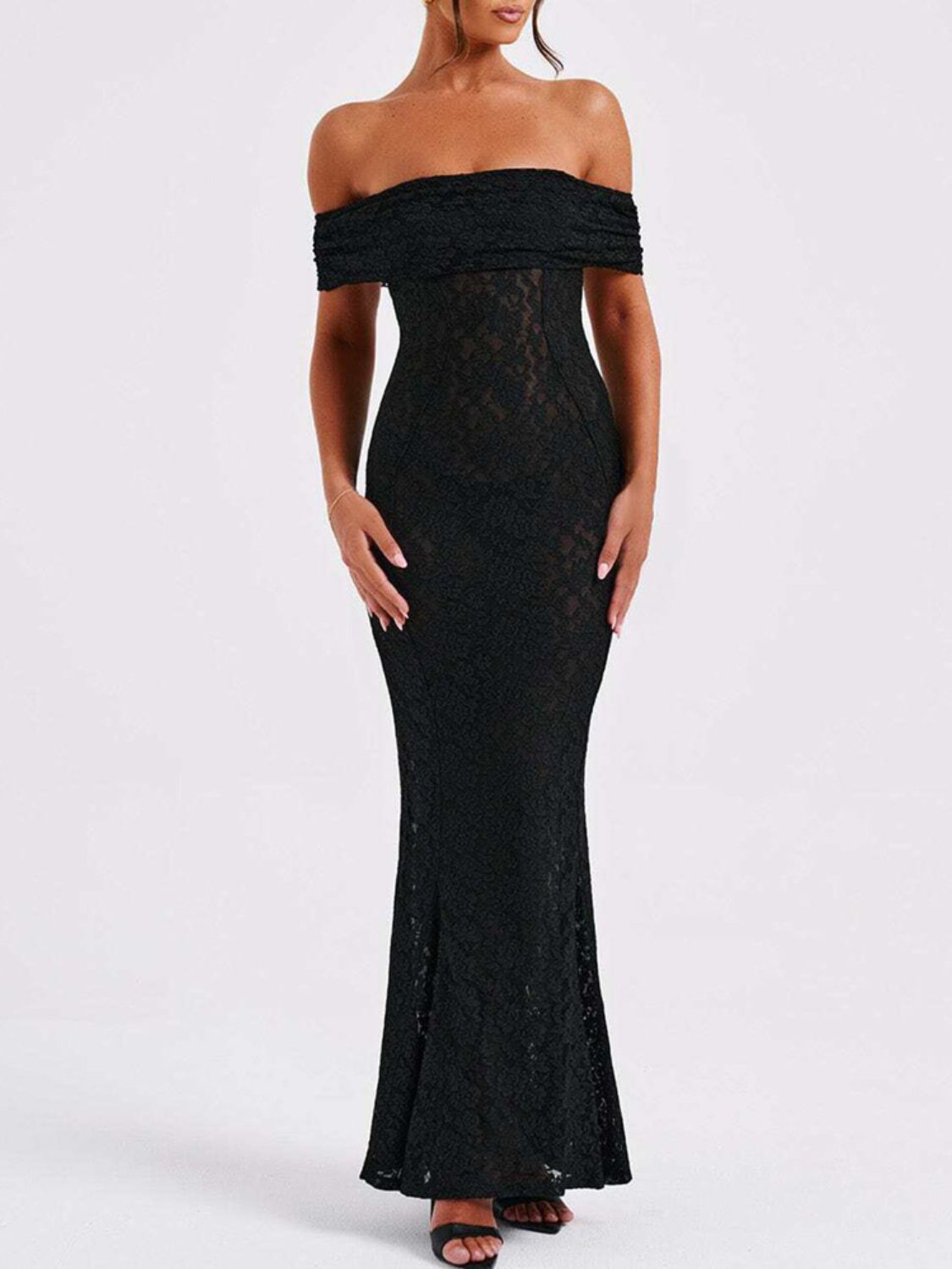 Devine Backless Lace Off-Shoulder Maxi Dress Black / S Black / M Black / L Black / S-Black / M-Black / L-Black / XL-
